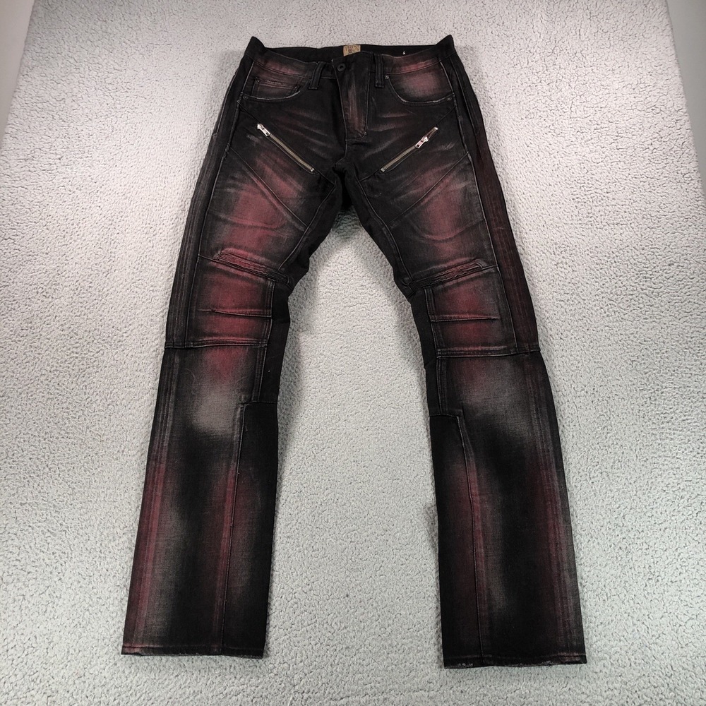 Prps Jeans Mens 31x34 Red‎ Black Biker Moto Zipper Demon Whisker Straight